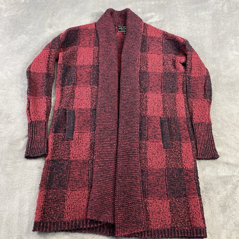 Lucky Brand Cardigan Sweater Womens L Red Black Buffalo Plaid Knit Long Pockets